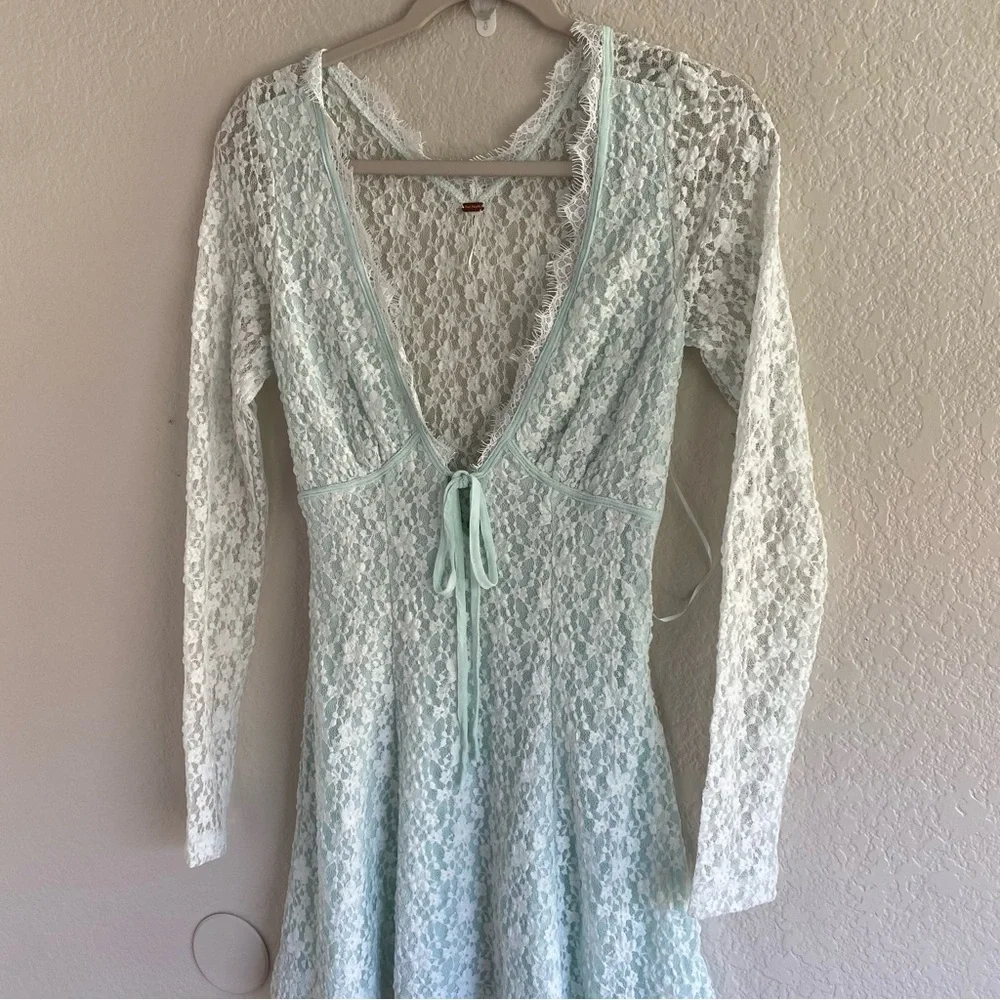 NEW Free People Petra Lace Long Sleeve Mini Dress Billowing Sail Mint